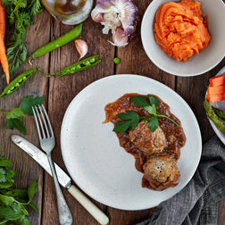 Rissoles & Sweet Potato Mash w/ Red Wine Jus