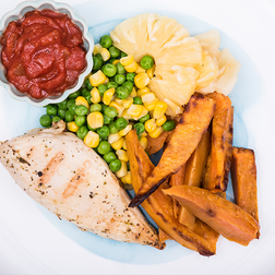 Hawaiian Chicken, Beans & Roast Sweet Potato Chips